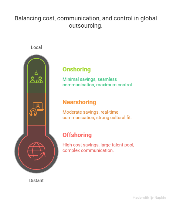 Comparing Offshoring, Nearshoring, and Onshoring.